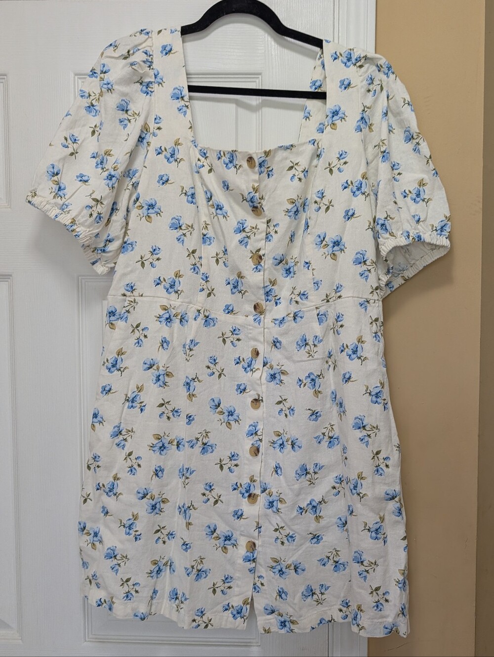 New Boho Linen Puff Sleeve Smocked Back Baby Doll Floral Mini Dress Pockets! - Picture 12 of 12